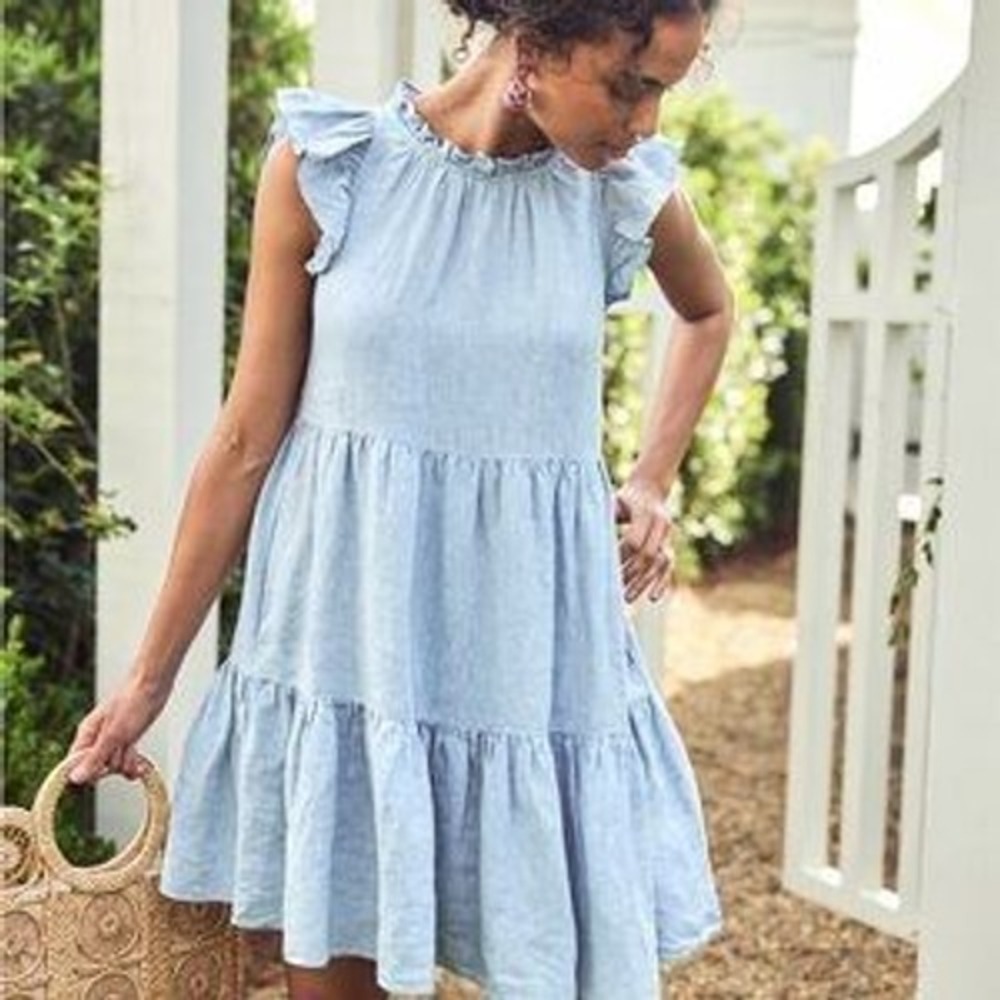 LAKE  Blue 100% Linen Tiered Ruffle‎ Patio Dress Small Flutter Sleeve
